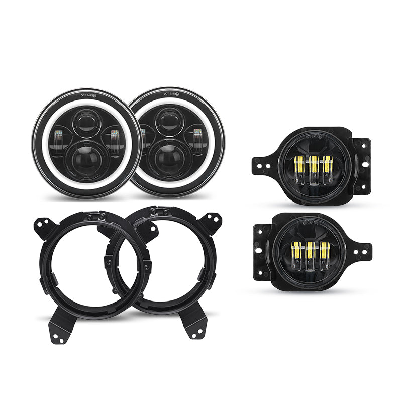 80W Halo Headlights with DRL and Turn Signal Lights + Headlight Bracket & 4'' LED Fog Lights For 2018-2020 Jeep Wrangler JL/Jeep Gladiator JT Sport