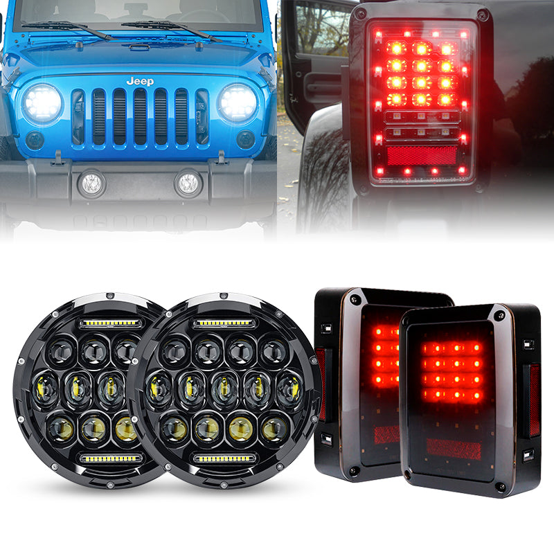 7" 75W LED Headlight DRL & Smoked LED Tail Lights for Jeep Wrangler JK