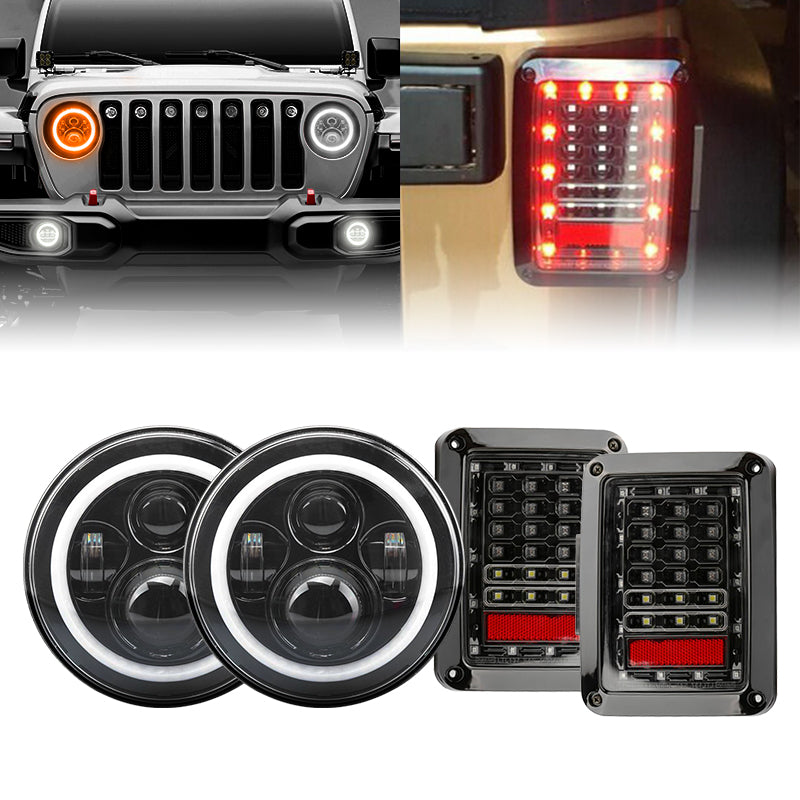 7 LED Headlight with Halo DRL and Turn Signal Lights & Clear Tail Light Combo