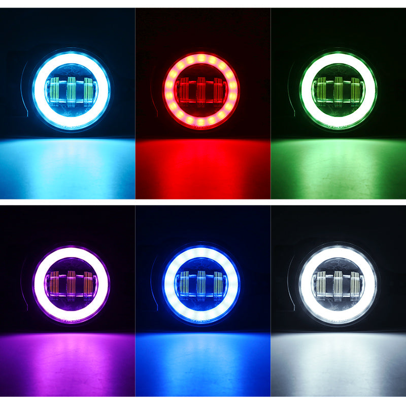LED RGB Headlight With Halo DRL + 9" Headlight Bracket + LED RGB Halo Fog Light Combo