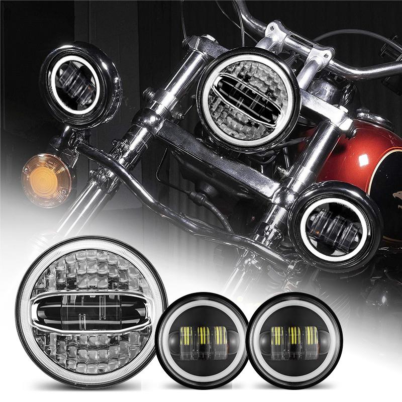 Harley LED Headlight With Halo DRL + Passing Lights 