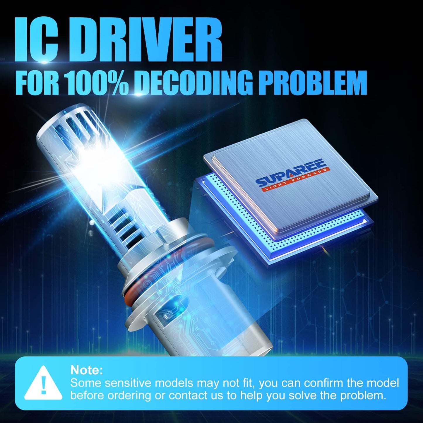 SUPAREE 9004/HB1 LED Headlight Bulbs 6500K Super White with IC driver for 100% decoding compatibility, ensuring seamless vehicle integration.