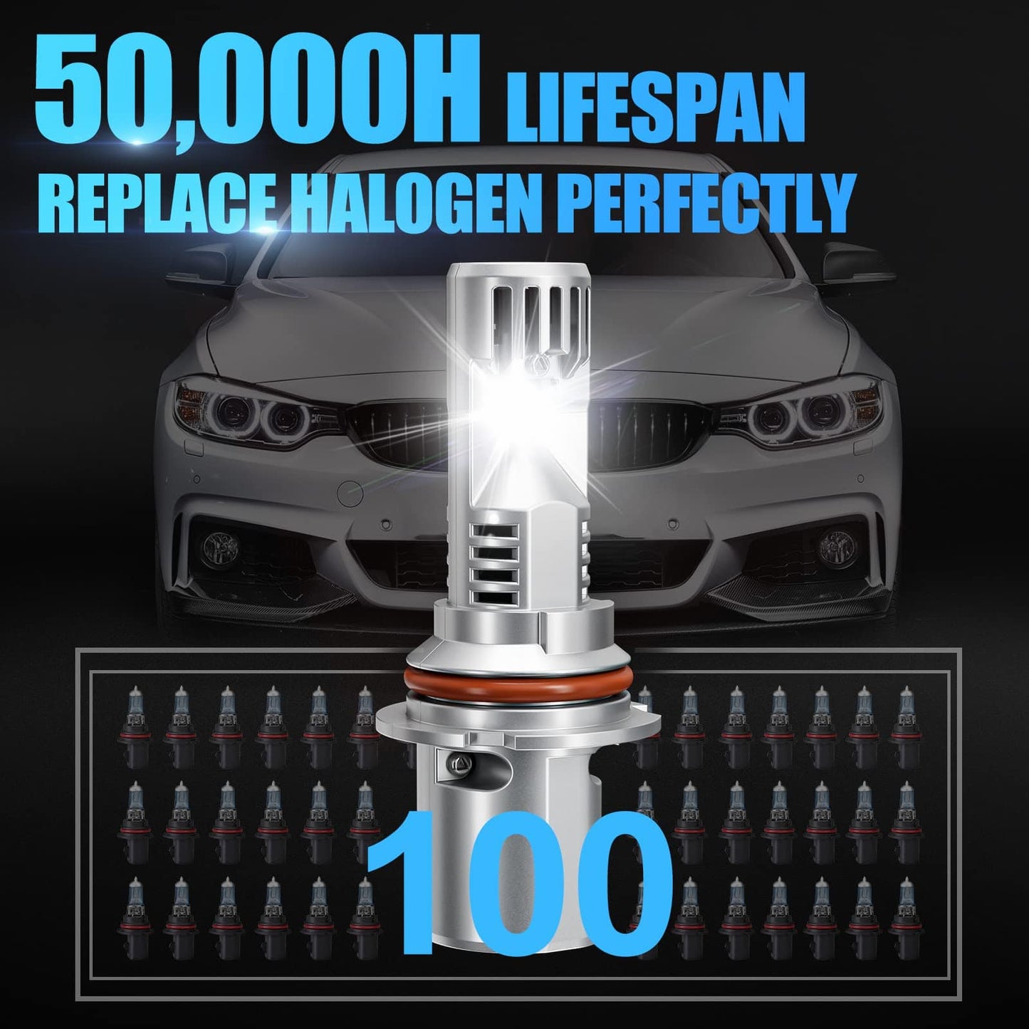 SUPAREE 9004/HB1 LED Headlight Bulbs 6500K Super White with 50,000-hour lifespan, ideal halogen replacement for long-lasting vehicle lighting.