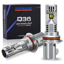 SUPAREE 9004/HB1 LED Headlight Bulbs 6500K Super White with Q36 integrated design, shown with packaging for vehicle lighting upgrade.