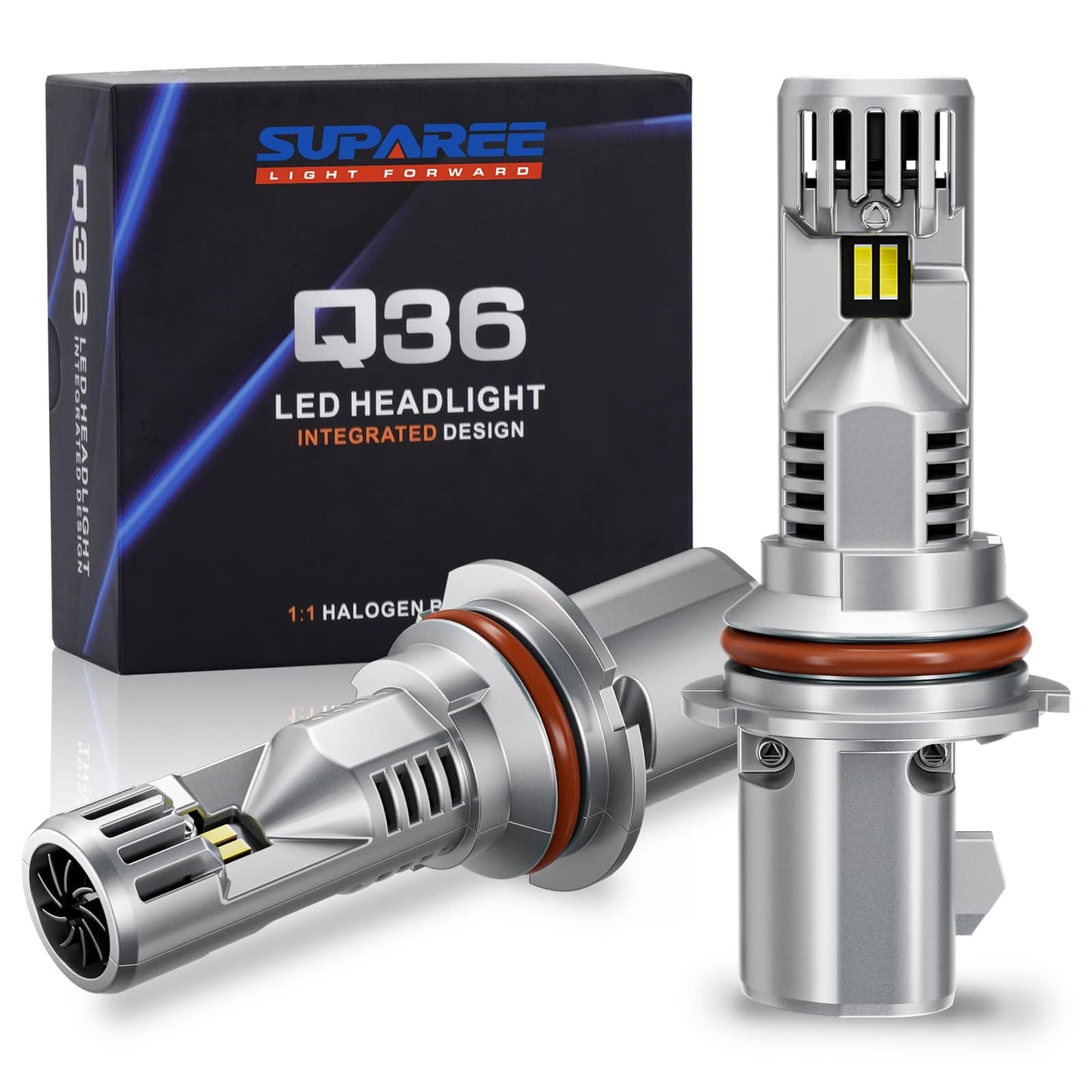 SUPAREE 9004/HB1 LED Headlight Bulbs 6500K Super White with Q36 integrated design, shown with packaging for vehicle lighting upgrade.