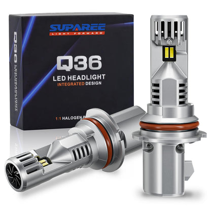 SUPAREE 9004/HB1 LED Headlight Bulbs 6500K Super White with Q36 integrated design, shown with packaging for vehicle lighting upgrade.