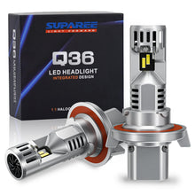 SUPAREE H13/9008 LED Headlight Bulbs 6500K white with Q36 integrated design, shown with packaging for vehicle lighting upgrades.