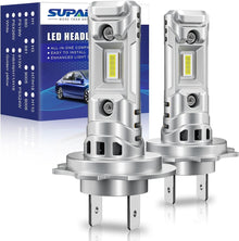 SUPAREE H7 LED Headlight Bulb with Super Brightness Mini Size, compact design with dual bulbs and retail packaging for easy installation.
