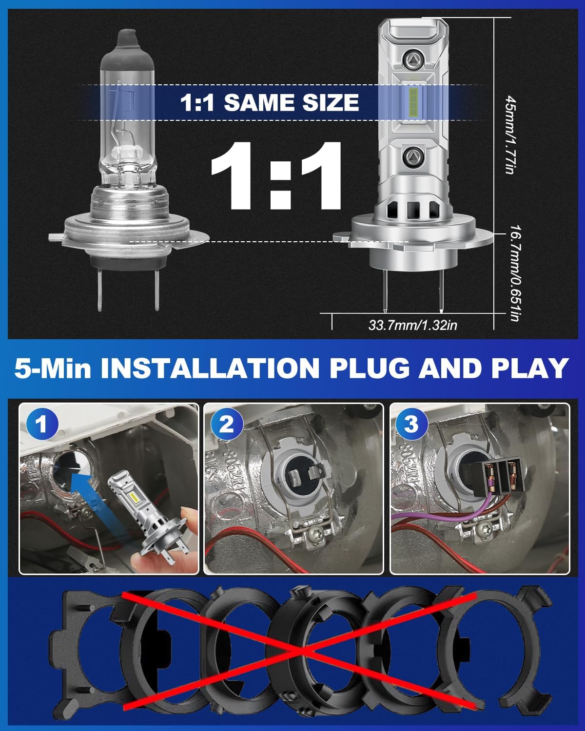 SUPAREE H7 LED Headlight Bulb with 1:1 halogen size for 5-minute plug-and-play installation, no additional adapters required.