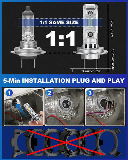 SUPAREE H7 LED Headlight Bulb with 1:1 halogen size for 5-minute plug-and-play installation, no additional adapters required.